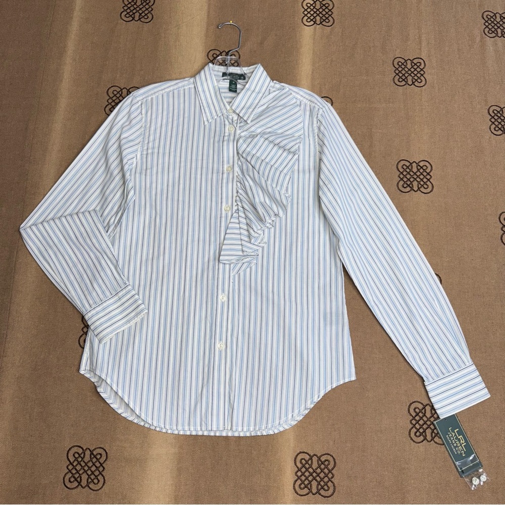 Ralph Lauren NWT! Ruffle Striped Cotton Button Front Long Sleeve Shirt